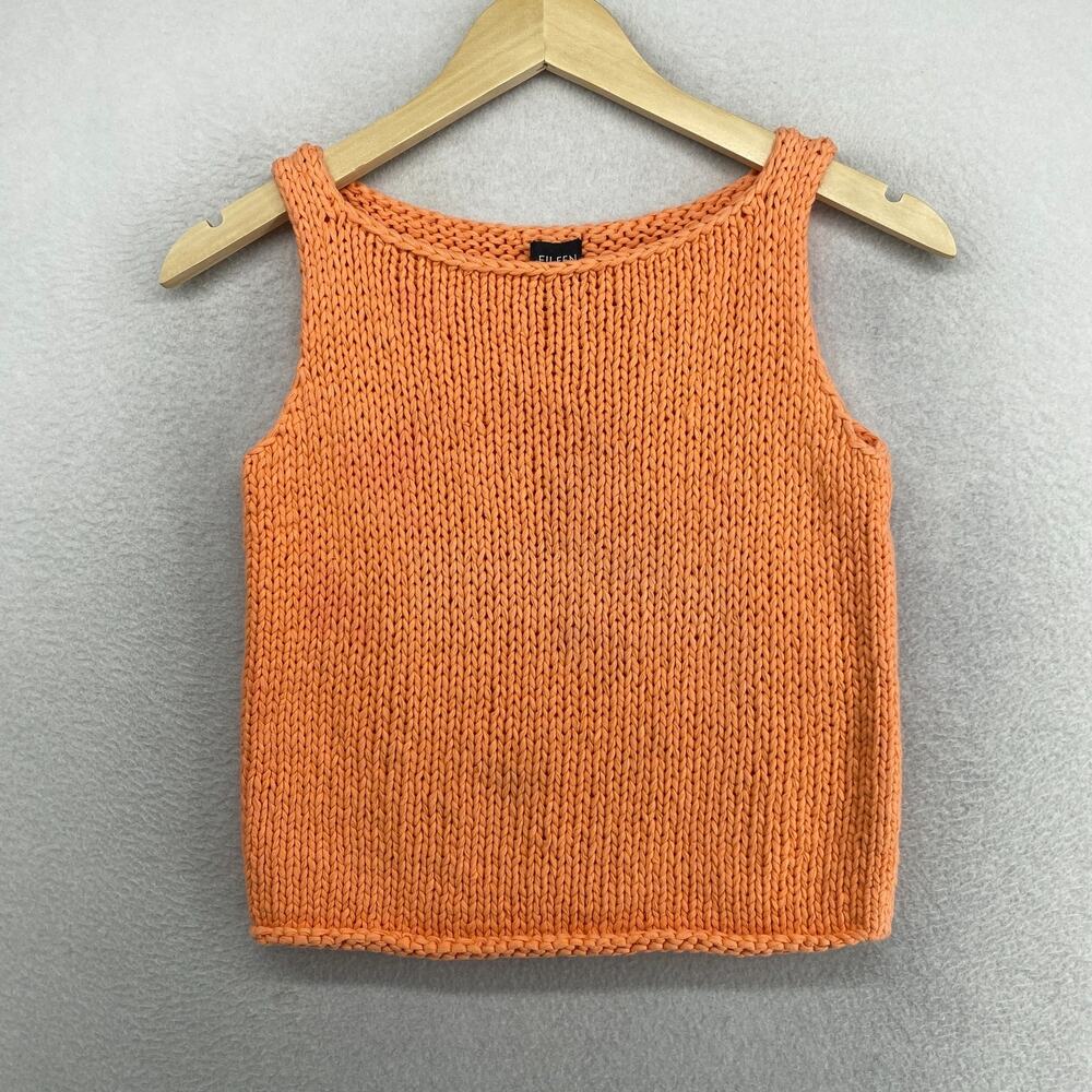 EILEEN FISHER Sweater XS Cotton Chunky Vest Tank Boat Neck Pullover Orange VTG